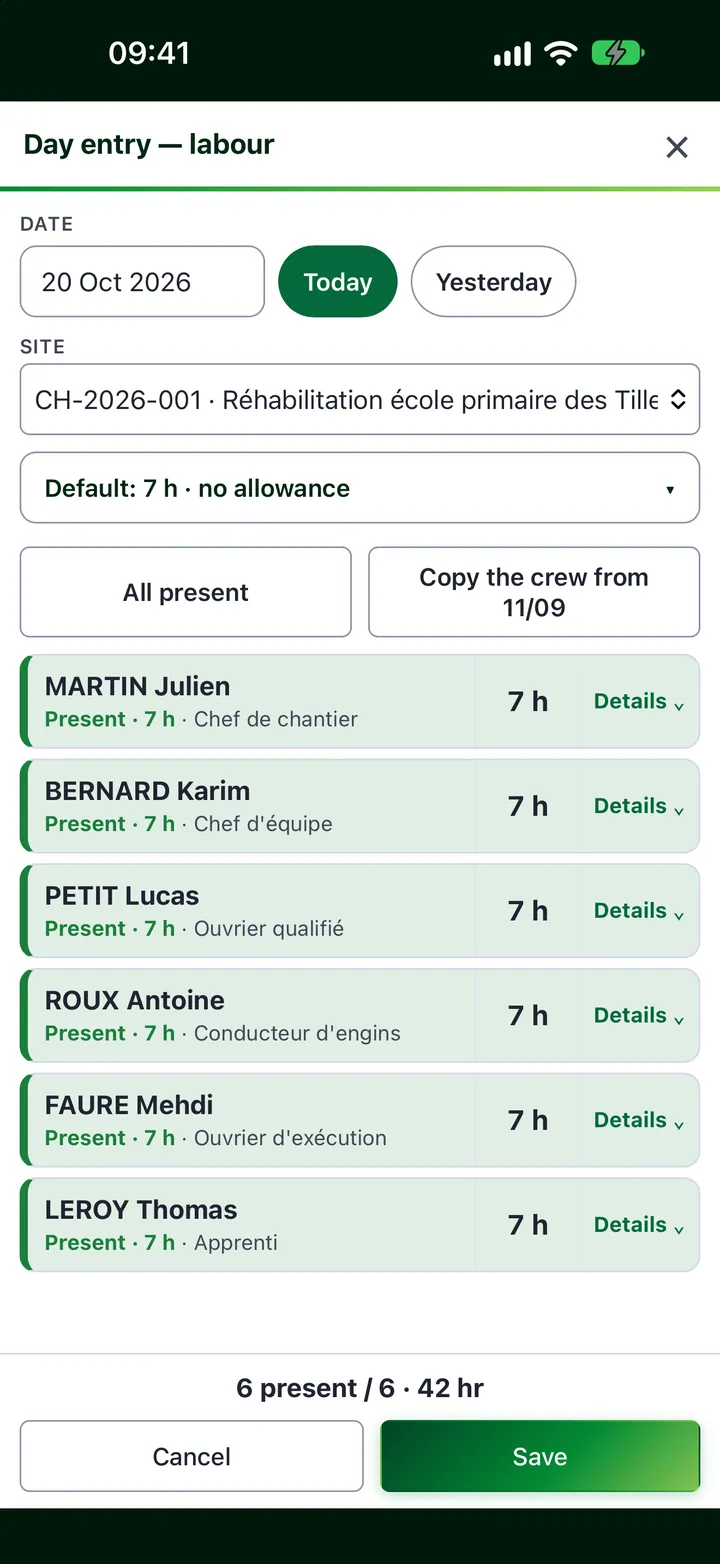 Day entry in Onitorys on iPhone: six employees recorded as present