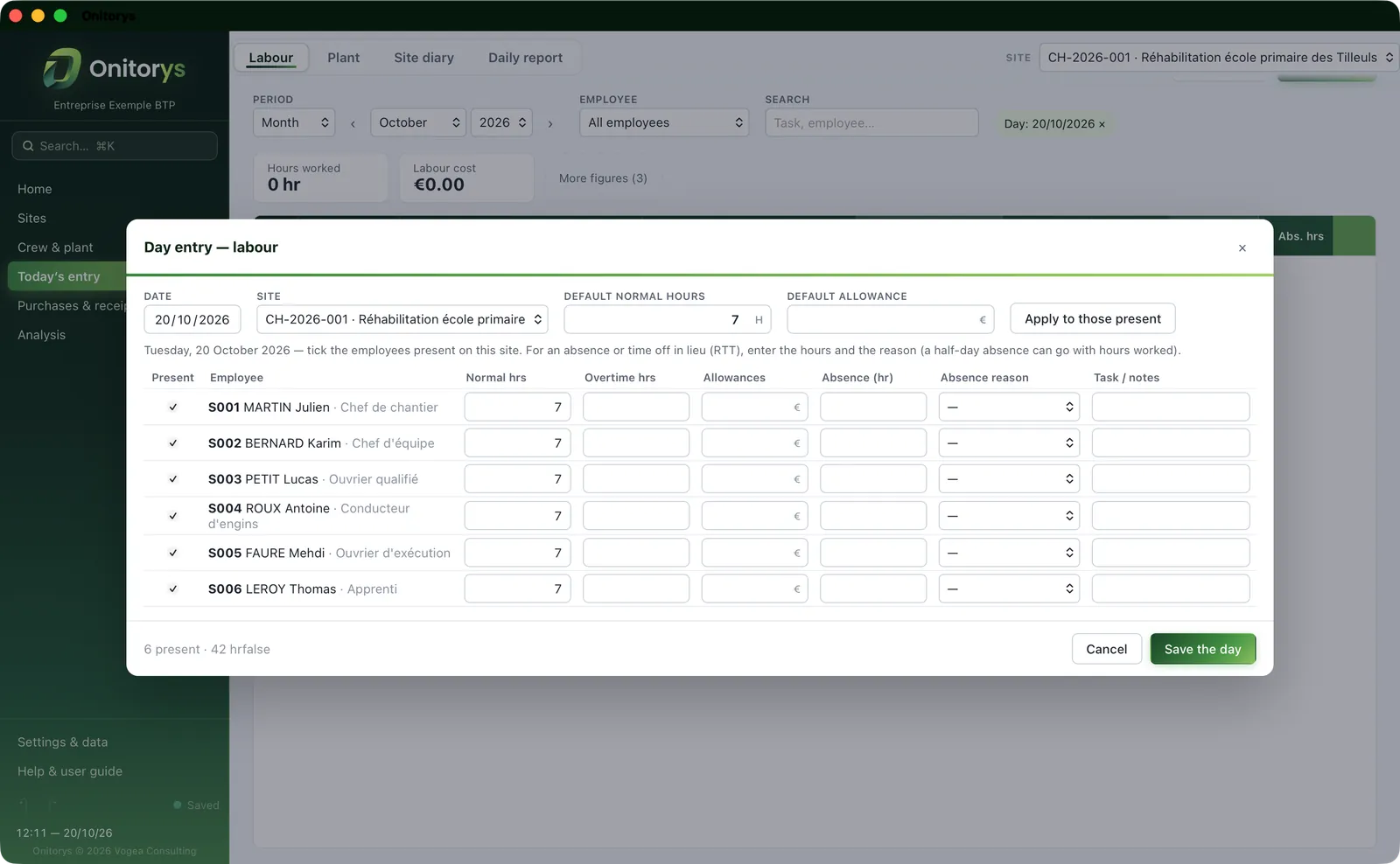 The Onitorys “Day entry” window: employees present, normal hours, overtime hours, allowances and absences