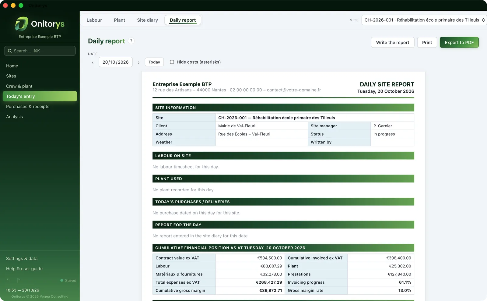 The Onitorys daily site report in A4 format: site information, labour, plant, purchases and financial position